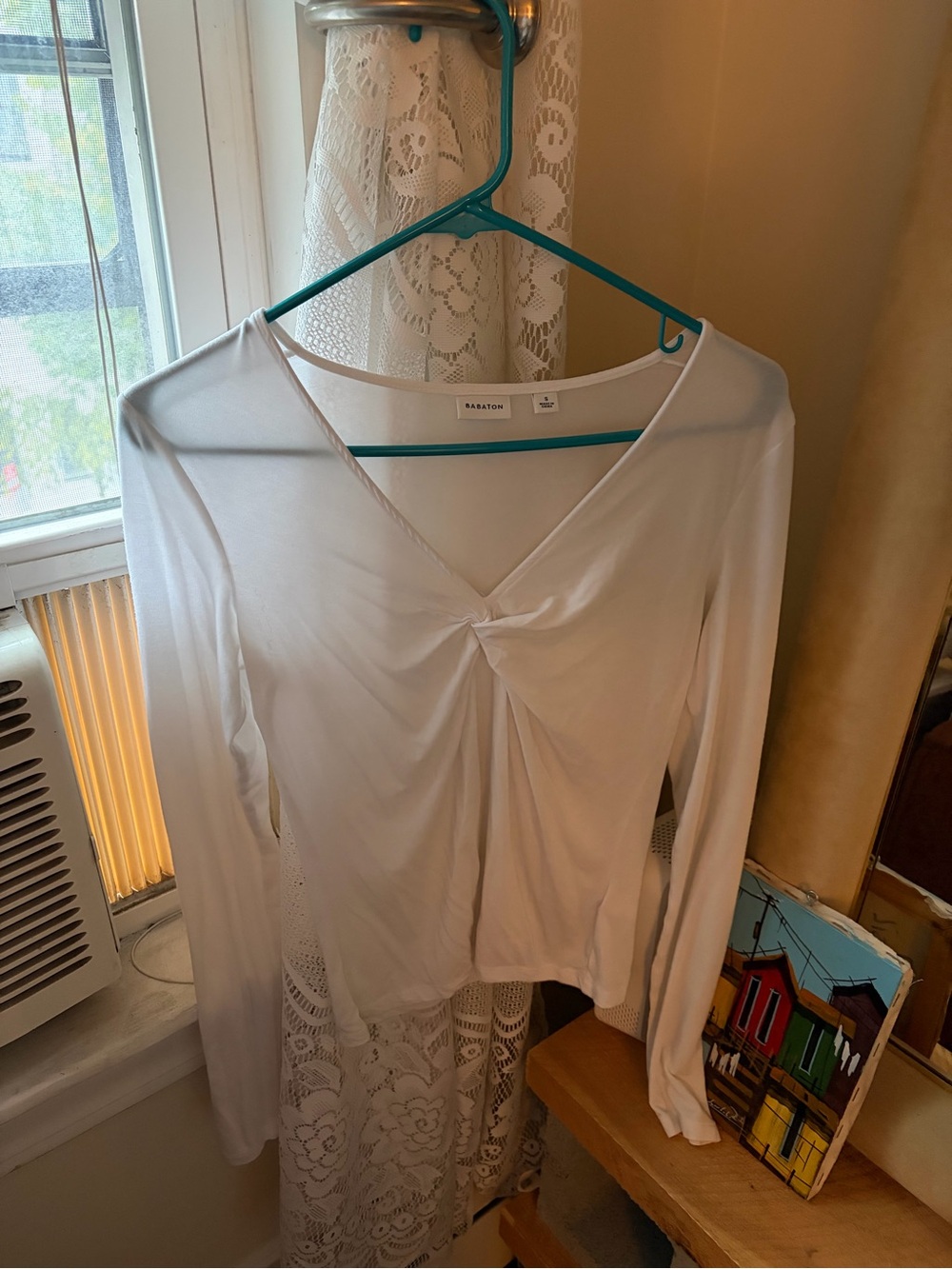 Babaton White Twist-Front V-Neck Long Sleeve Top